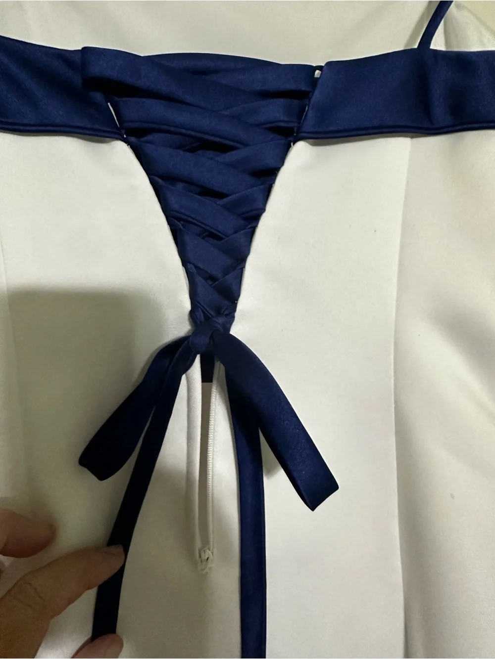 David's Bridal White Satin with Royal Blue Trim A-Line Formal Dress, Size 14. - Picture 4 of 9